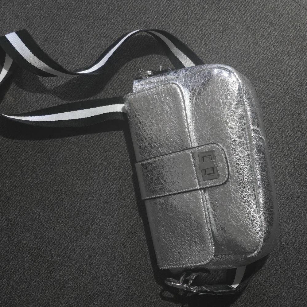 Silver Crossbody Bag with Black and White Strap